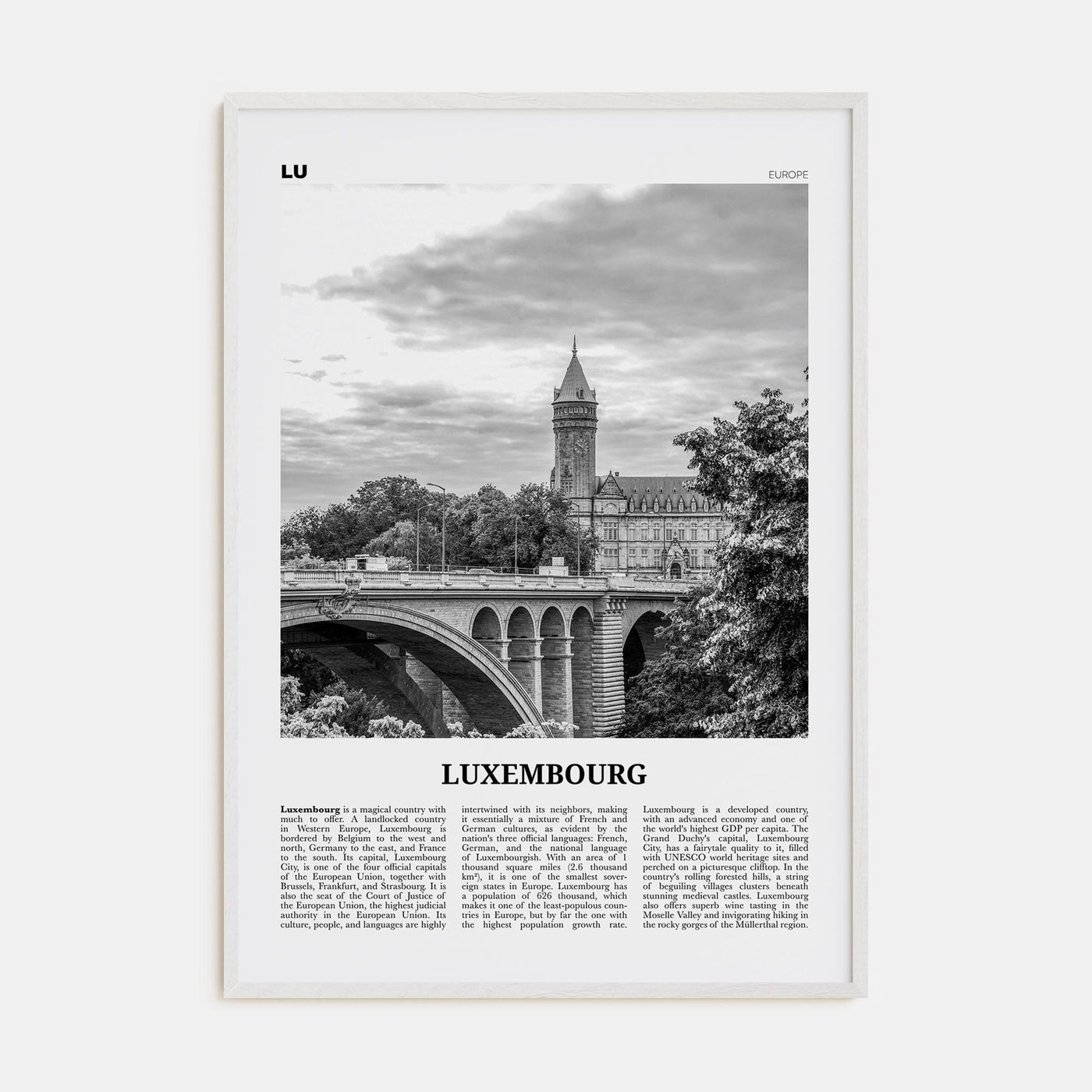 Luxembourg No 1 Poster White Wood / 8x12 in Nbourhood Travel B&W Poster