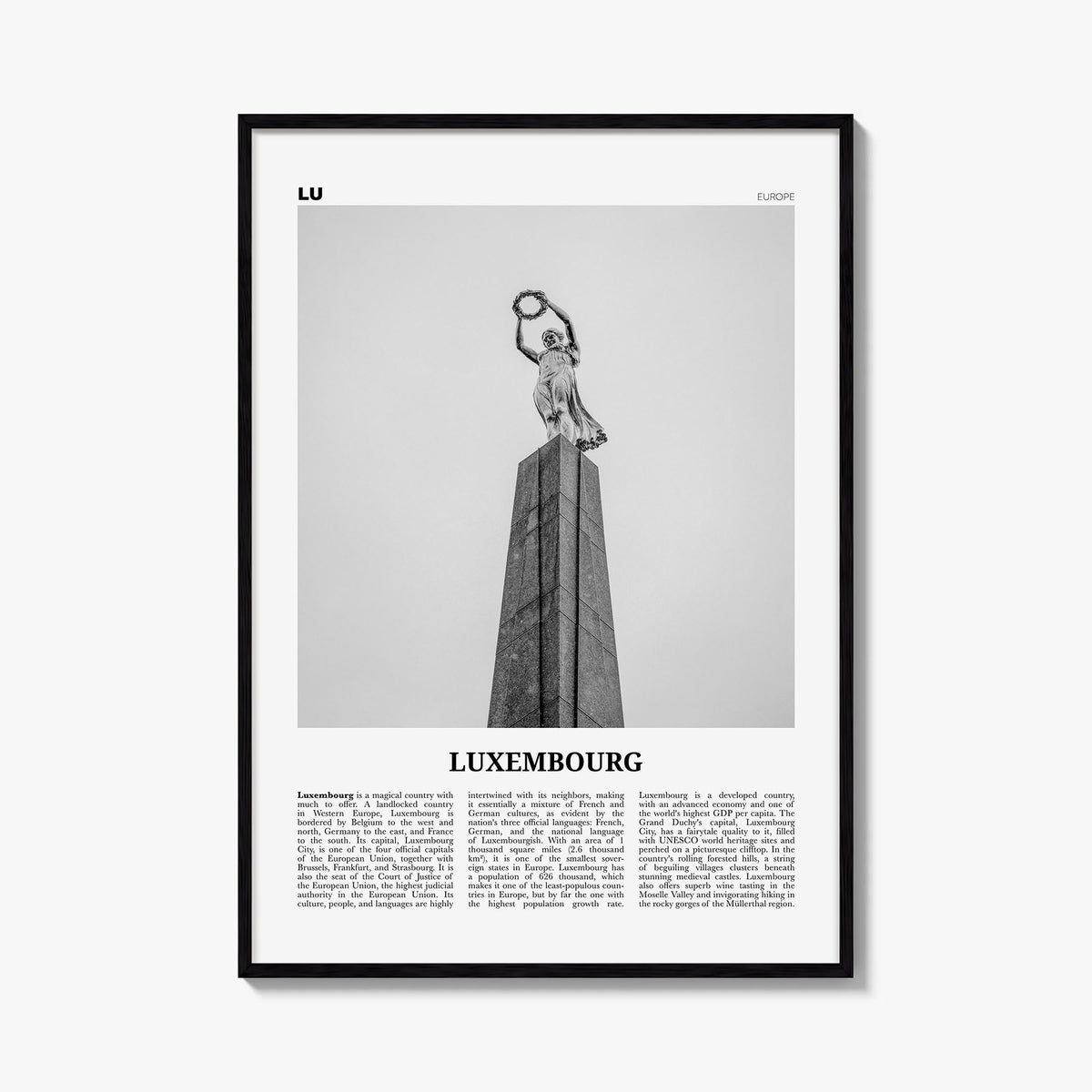 Luxembourg no. 2 black & white newspaper poster of Europe – vertical wall art, unframed print shown in interior mockup