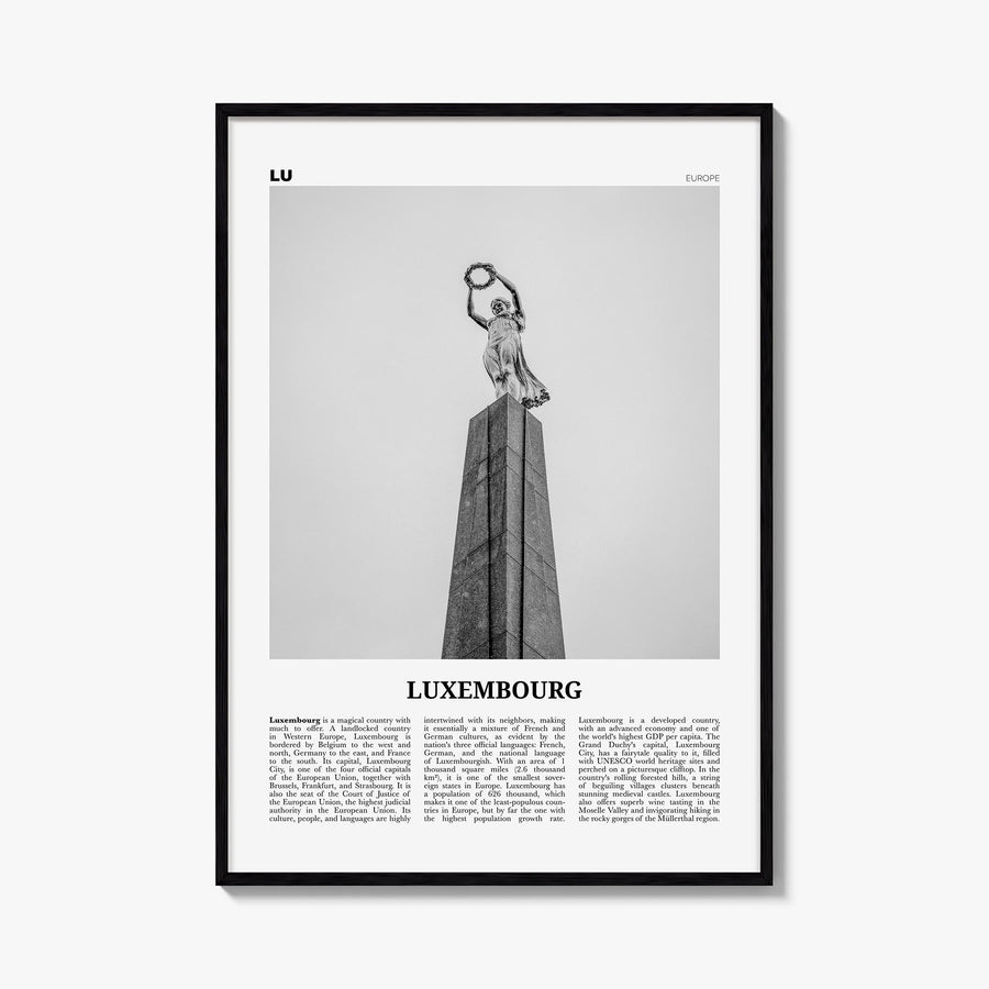 Luxembourg no. 2 black & white newspaper poster of Europe – vertical wall art, unframed print shown in interior mockup
