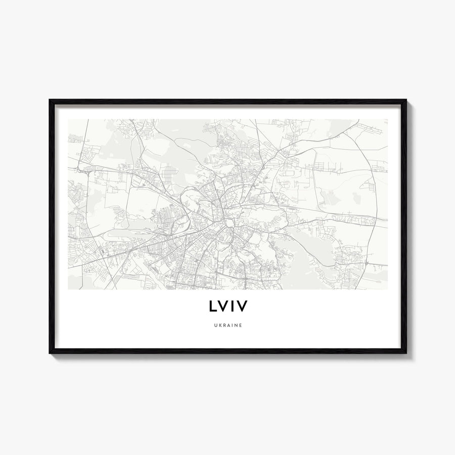 Lviv black & white map poster of Ukraine – horizontal wall art, unframed print shown in interior mockup