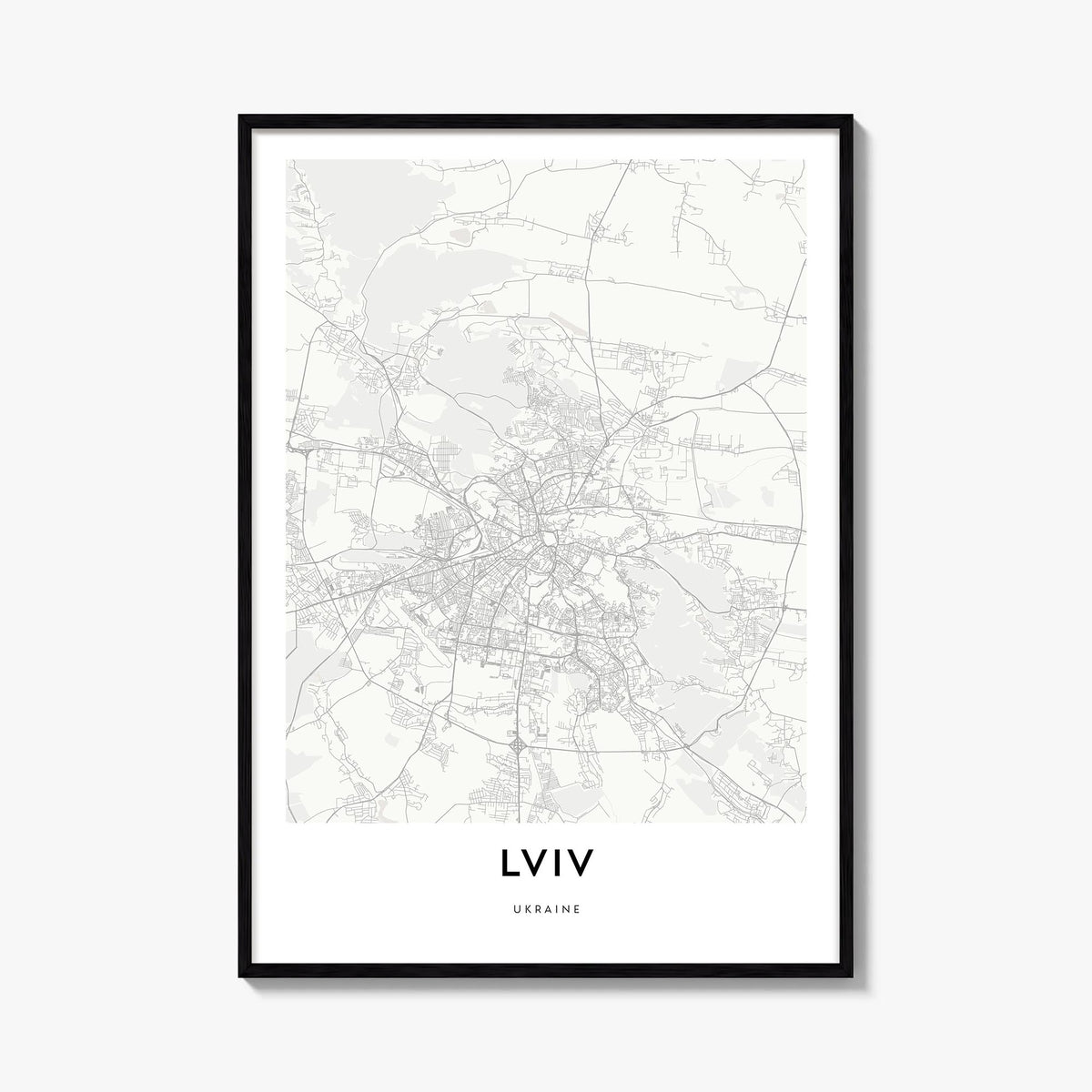 Lviv black & white map poster of Ukraine – vertical wall art, unframed print shown in interior mockup