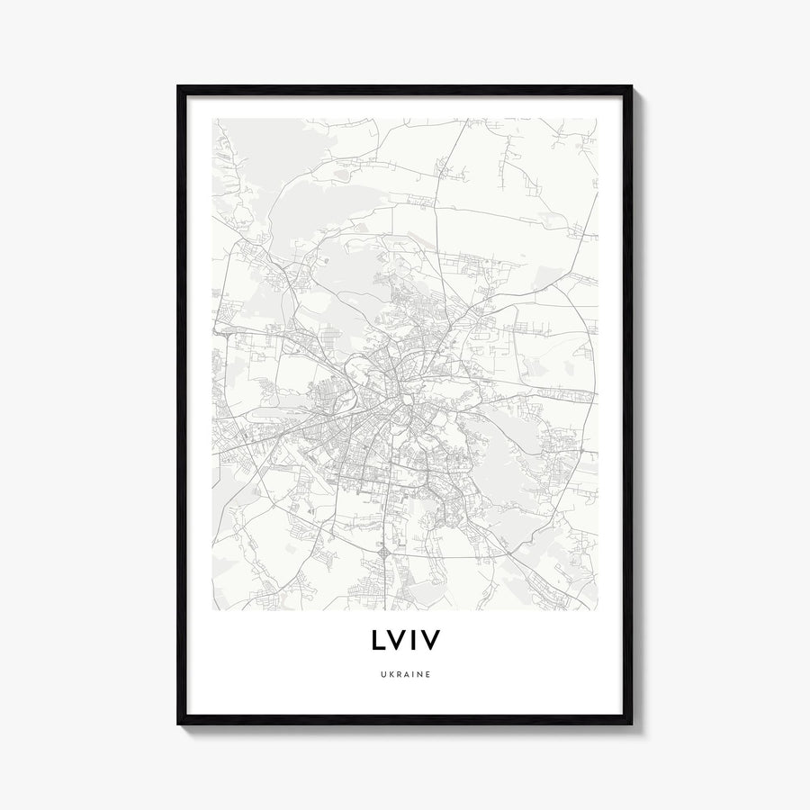Lviv black & white map poster of Ukraine – vertical wall art, unframed print shown in interior mockup