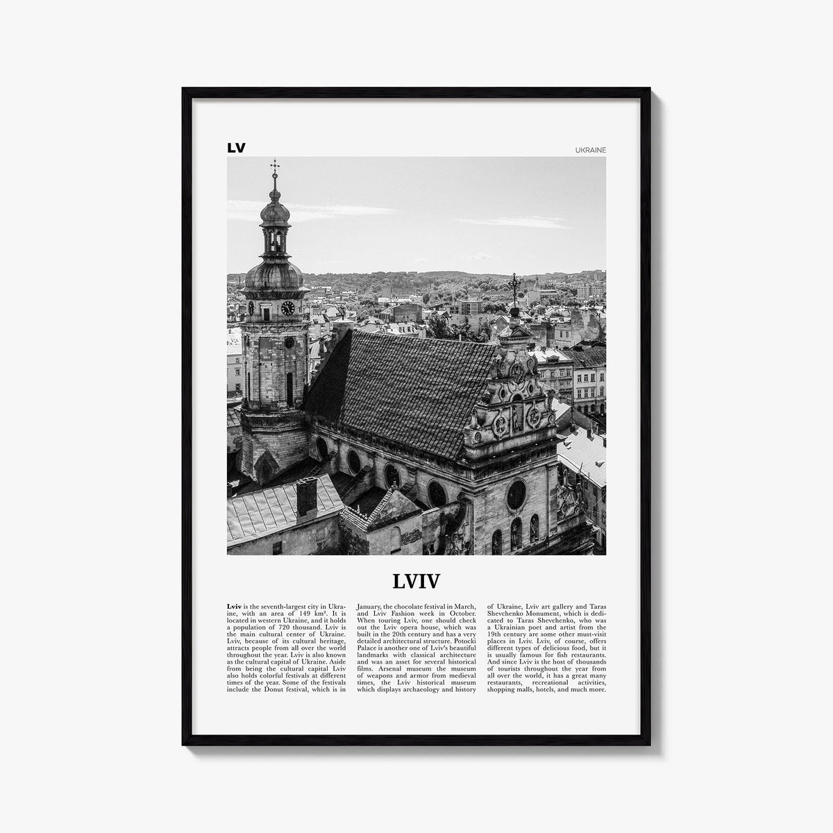 Lviv black & white newspaper poster of Ukraine – vertical wall art, unframed print shown in interior mockup