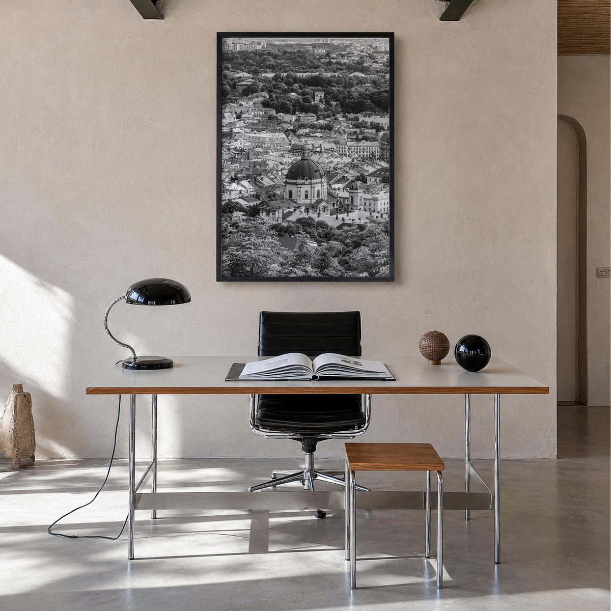 Lviv black & white photo poster of Ukraine – vertical wall art in black wood frame, hanging on wall