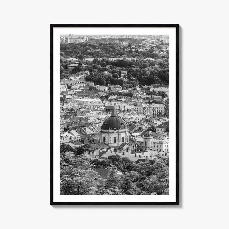 Lviv black & white photo poster of Ukraine – vertical wall art, unframed print shown in interior mockup