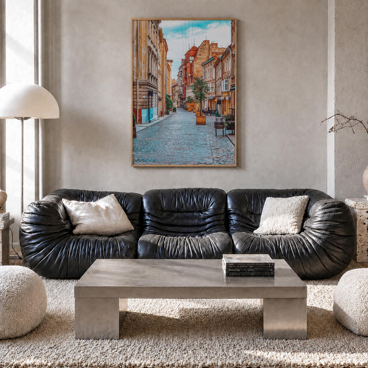 Lviv colorful photo poster of Ukraine – vertical wall art in natural wood frame, hanging on wall