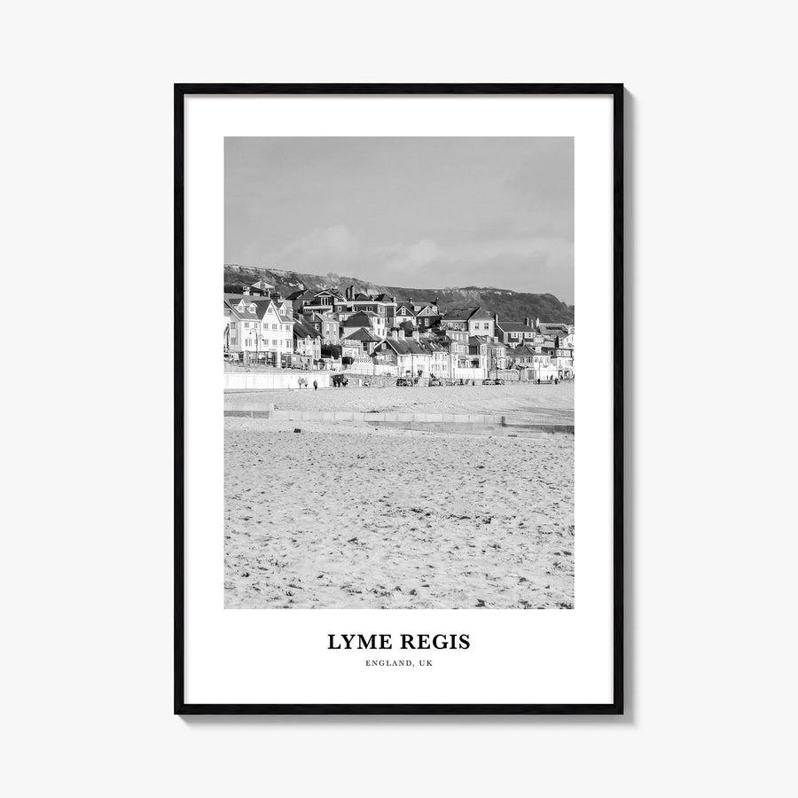 Lyme Regis black & white classic poster of United Kingdom – vertical wall art, unframed print shown in interior mockup