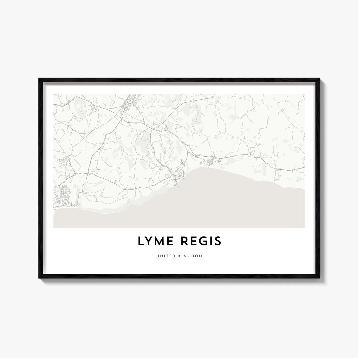 Lyme Regis black & white map poster of United Kingdom – horizontal wall art, unframed print shown in interior mockup