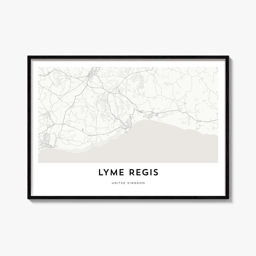 Lyme Regis black & white map poster of United Kingdom – horizontal wall art, unframed print shown in interior mockup