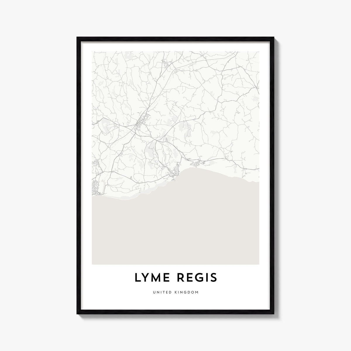 Lyme Regis black & white map poster of United Kingdom – vertical wall art, unframed print shown in interior mockup