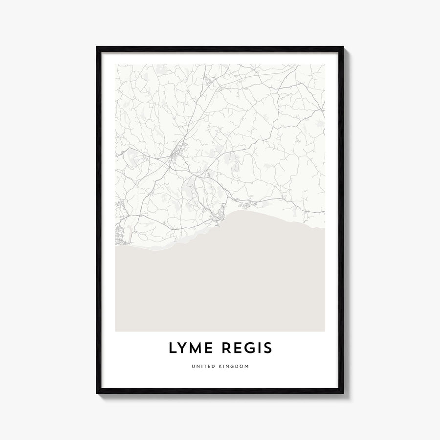 Lyme Regis black & white map poster of United Kingdom – vertical wall art, unframed print shown in interior mockup