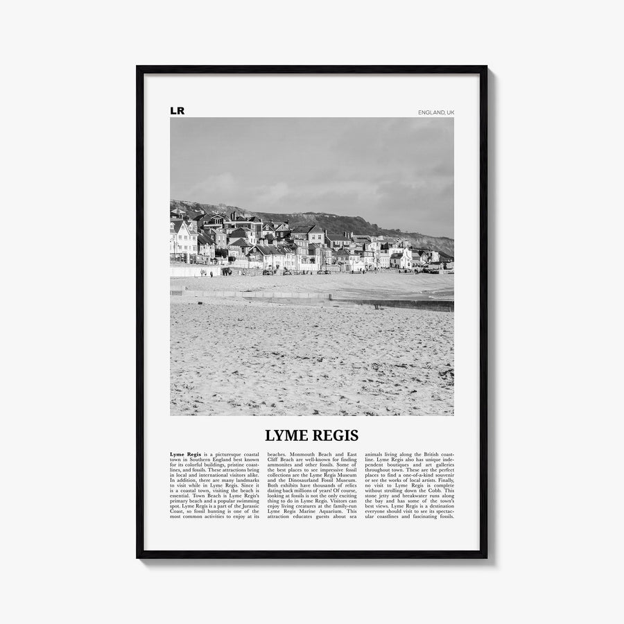 Lyme Regis black & white newspaper poster of United Kingdom – vertical wall art, unframed print shown in interior mockup