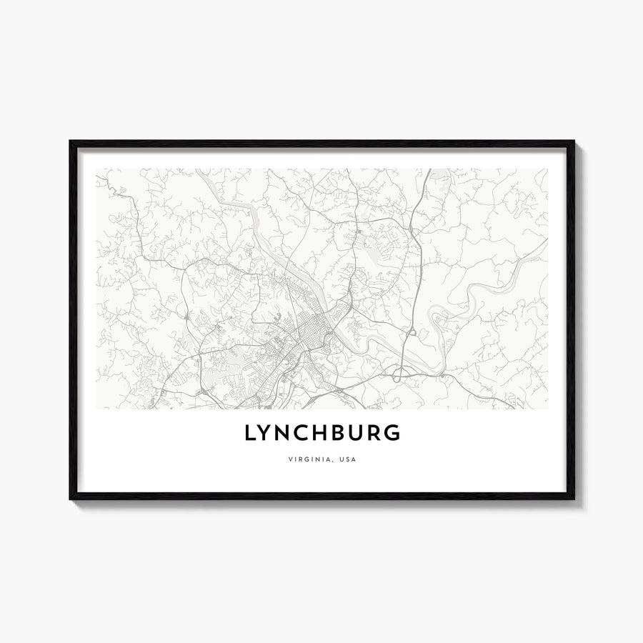 Lynchburg black & white map poster of Virginia, USA – horizontal wall art, unframed print shown in interior mockup