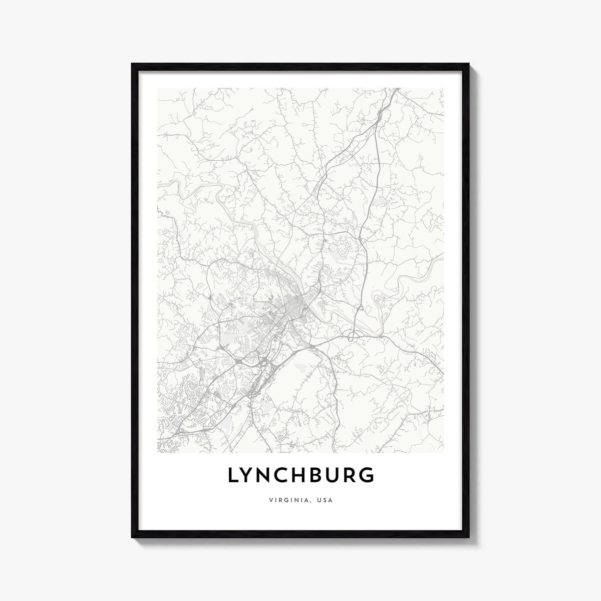 Lynchburg black & white map poster of Virginia, USA – vertical wall art, unframed print shown in interior mockup