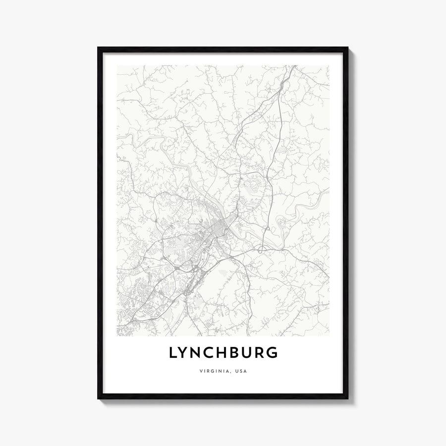 Lynchburg black & white map poster of Virginia, USA – vertical wall art, unframed print shown in interior mockup