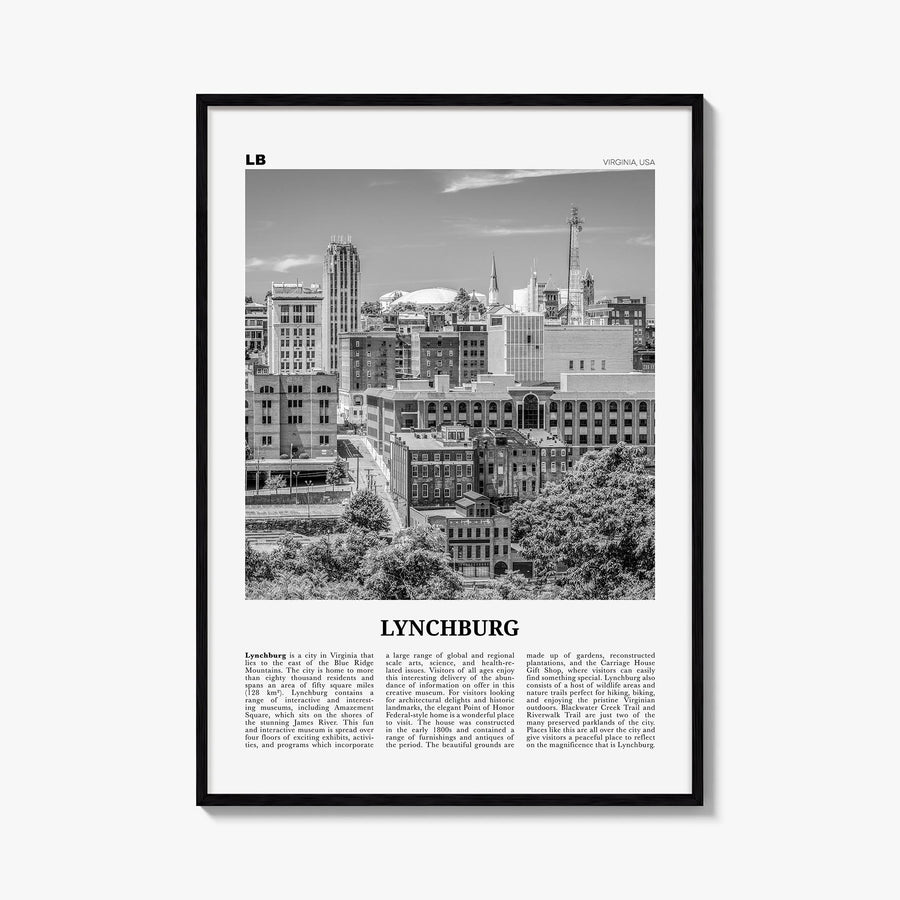 Lynchburg black & white newspaper poster of Virginia, USA – vertical wall art, unframed print shown in interior mockup