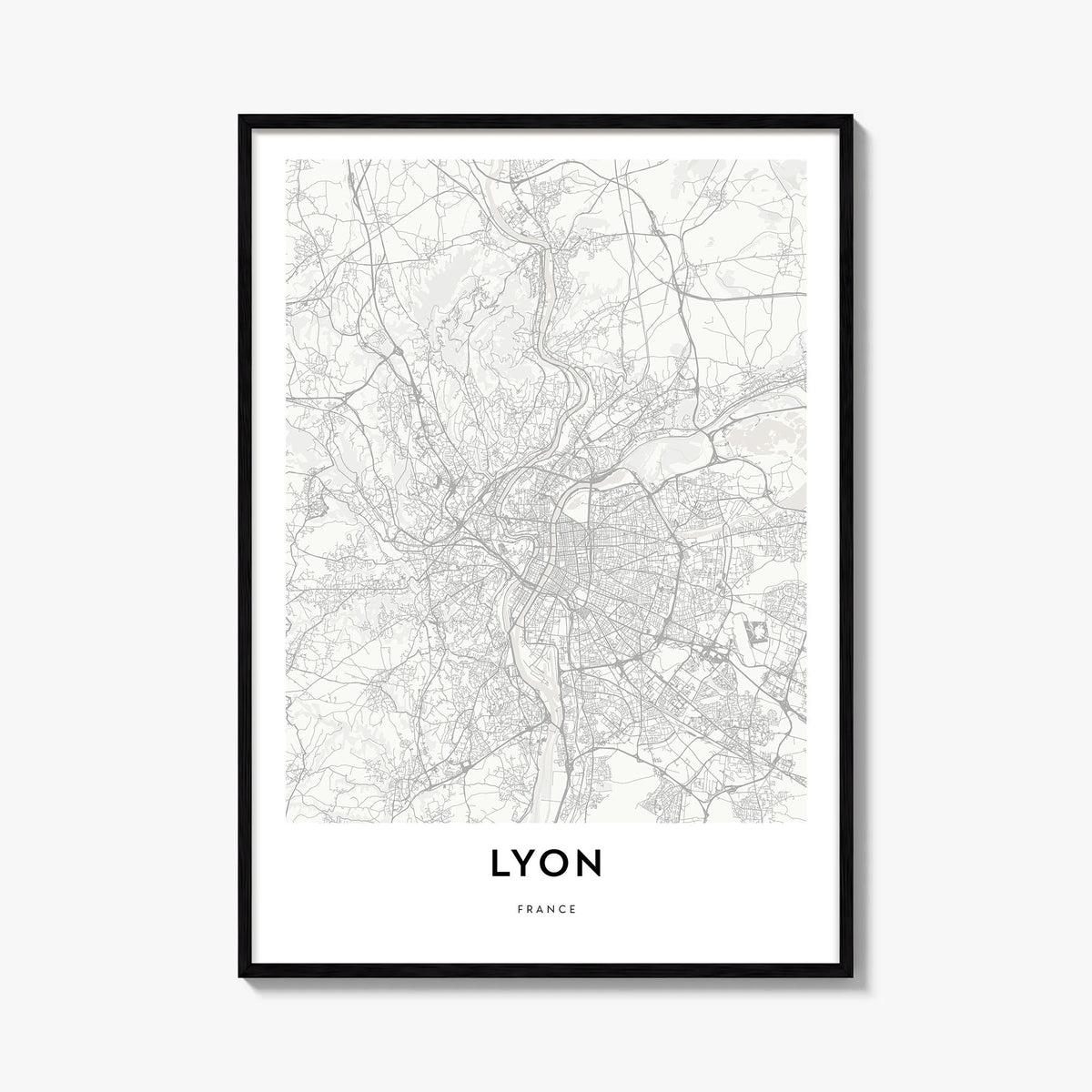 Lyon black & white map poster of France – vertical wall art, unframed print shown in interior mockup