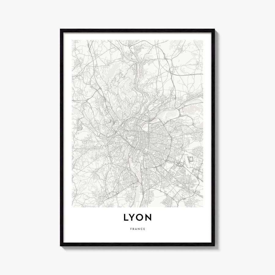 Lyon black & white map poster of France – vertical wall art, unframed print shown in interior mockup