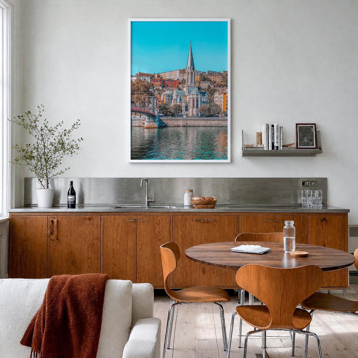 Lyon colorful photo poster of France – vertical wall art in white wood frame, hanging on wall
