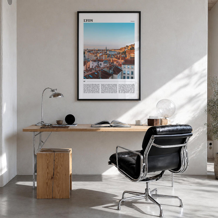 Lyon no. 1 colorful travel poster of France – vertical wall art in black wood frame, hanging on wall