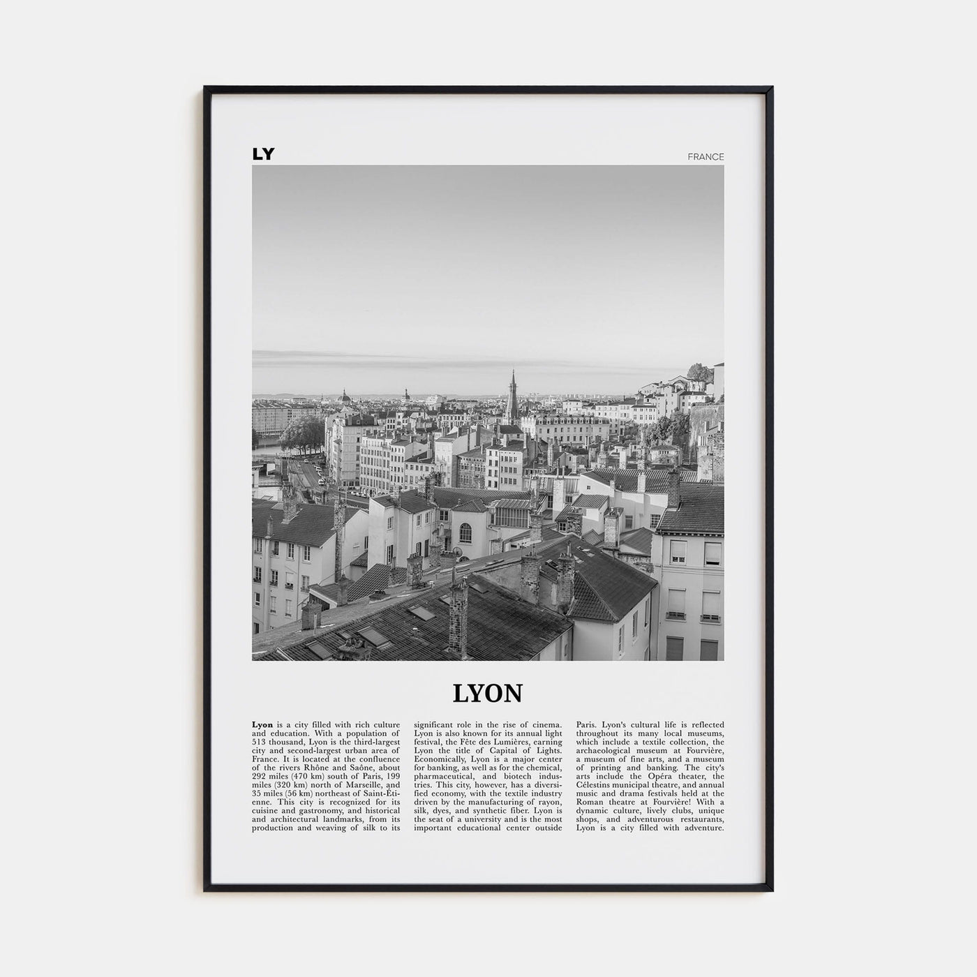 Lyon No 1 Poster Black Metal / 8x12 in Nbourhood Travel B&W Poster