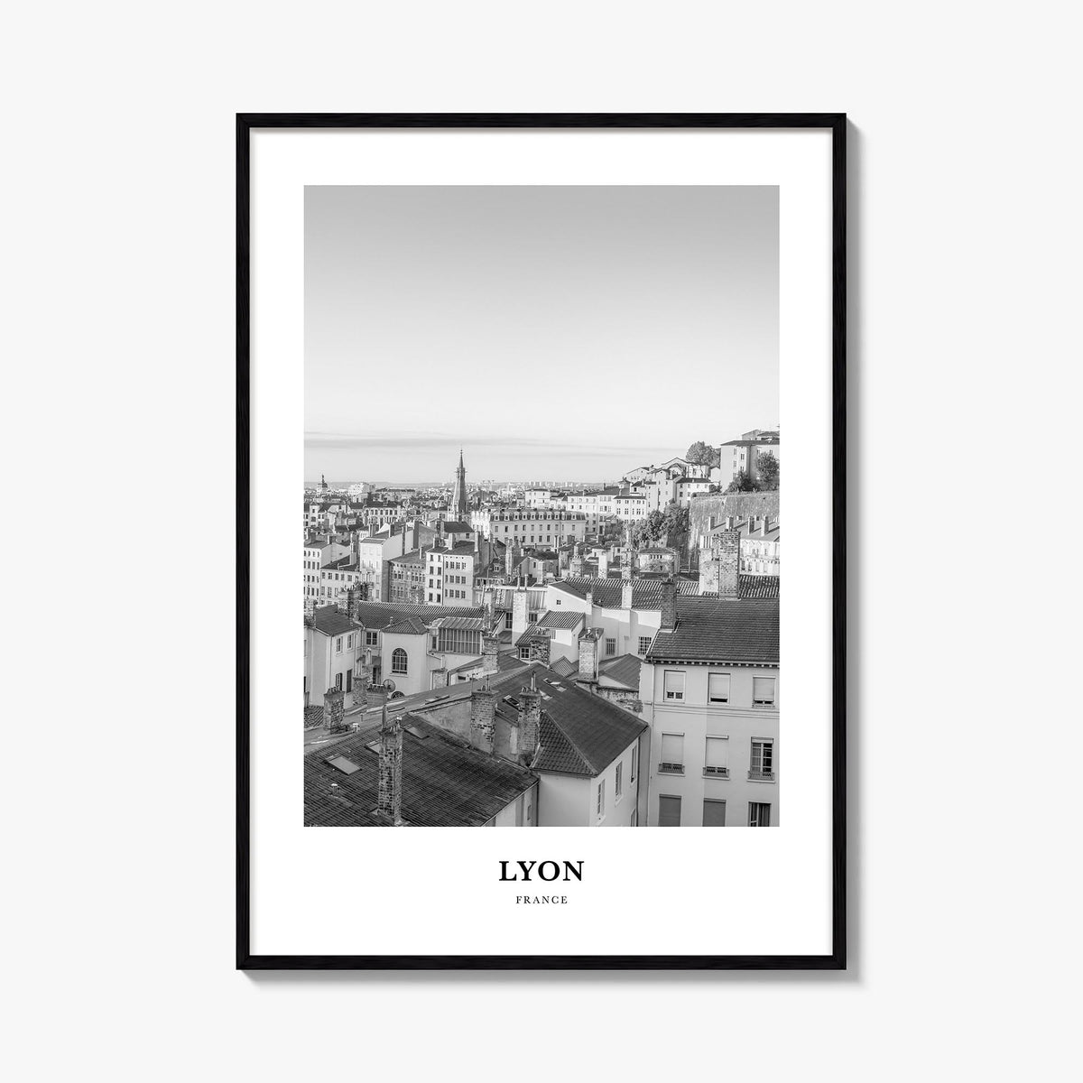 Lyon no. 2 black & white classic poster of France – vertical wall art, unframed print shown in interior mockup
