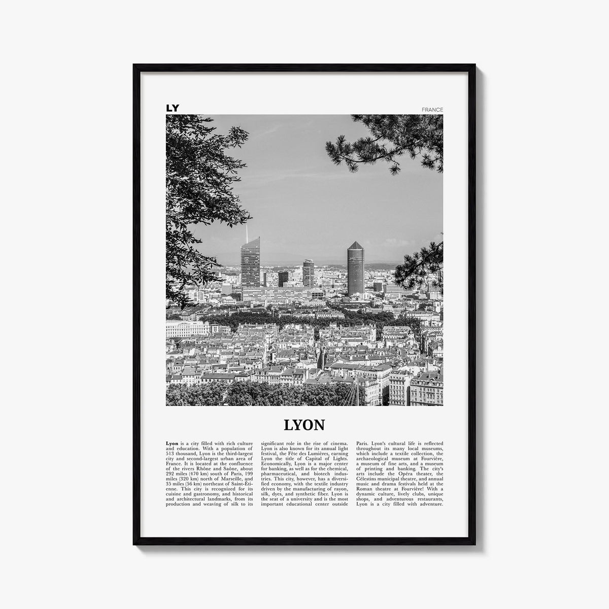 Lyon no. 2 black & white newspaper poster of France – vertical wall art, unframed print shown in interior mockup
