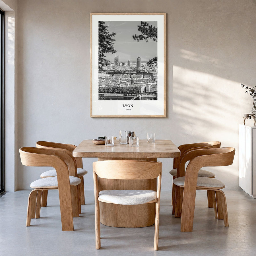 Lyon Classic No 1 Poster in a natural wood frame, hanging in a dining room