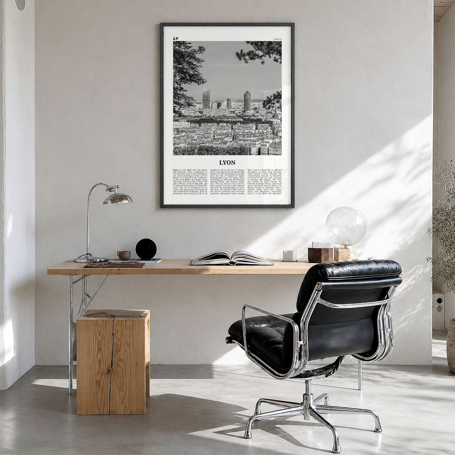 Lyon Newspaper No 2 Poster in a black wood frame, hanging in a bright home office