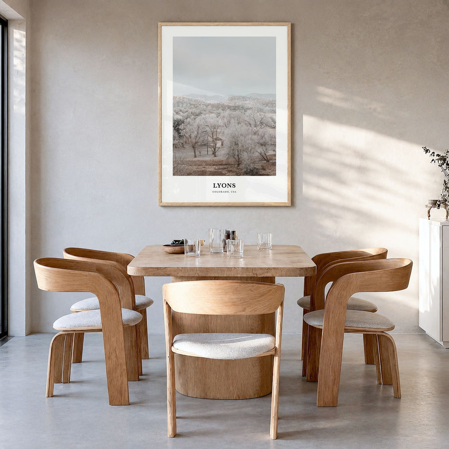 Lyons Classic Poster in a natural wood frame, hanging in a dining room