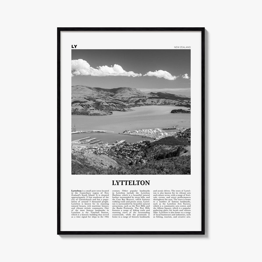 Lyttelton black & white newspaper poster of New Zealand – vertical wall art, unframed print shown in interior mockup
