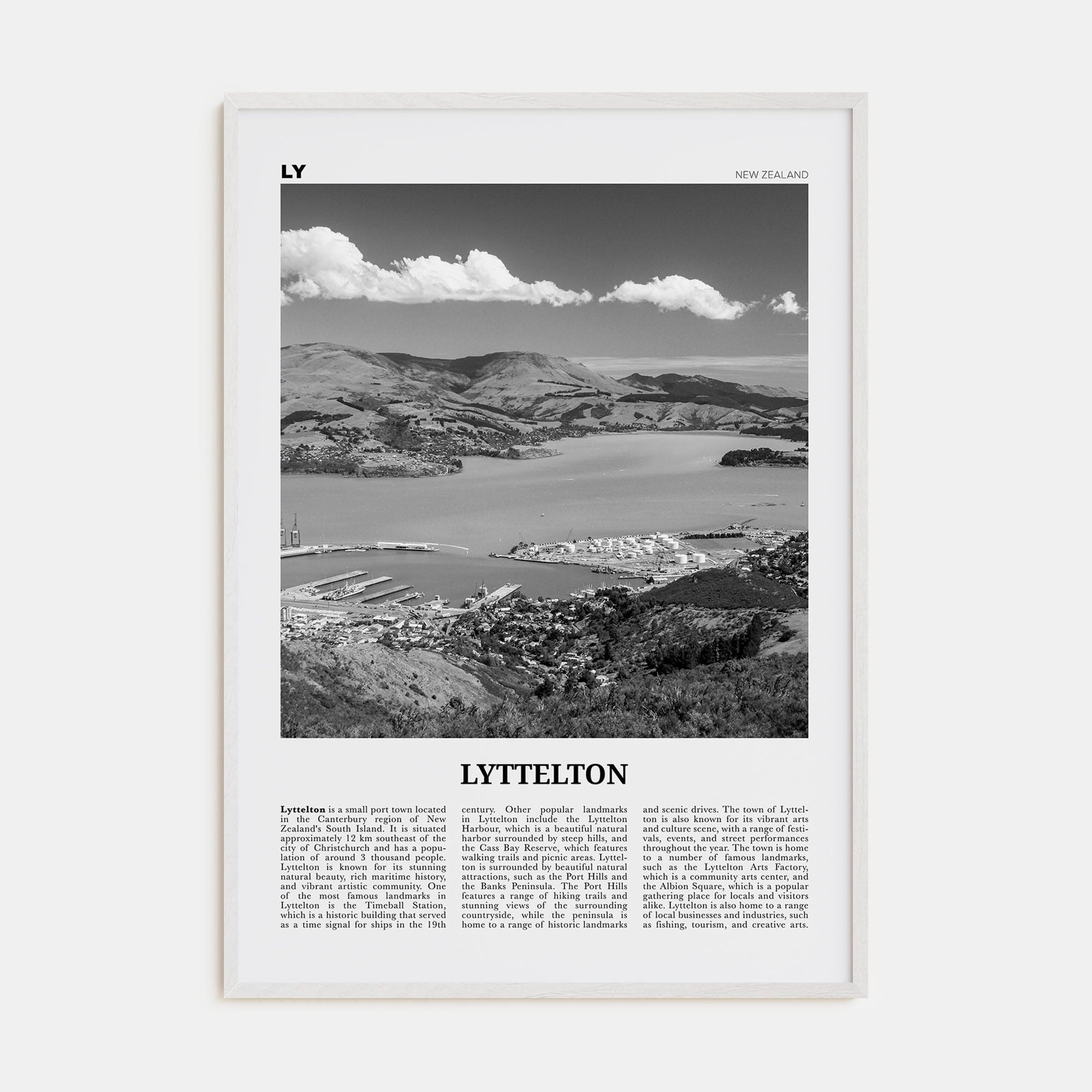 Lyttelton Poster White Wood / 8x12 in Nbourhood Travel B&W Poster