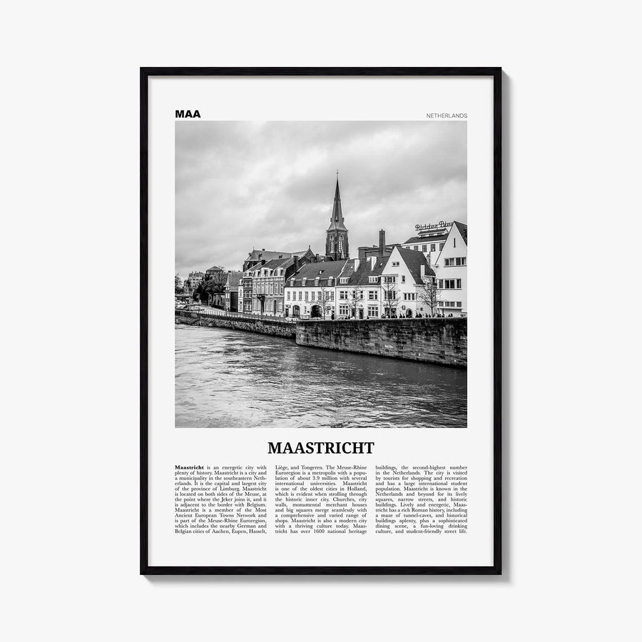 Maastricht black & white newspaper poster of Netherlands – vertical wall art, unframed print shown in interior mockup