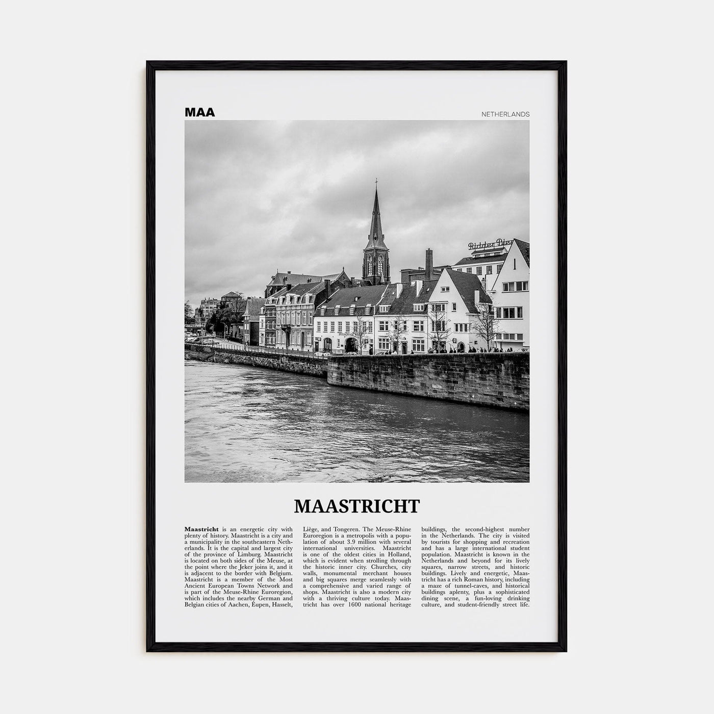 Maastricht Poster Black Wood / 8x12 in Nbourhood Travel B&W Poster