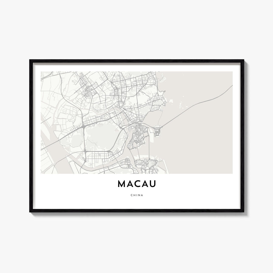 Macau black & white map poster of Asia – horizontal wall art, unframed print shown in interior mockup