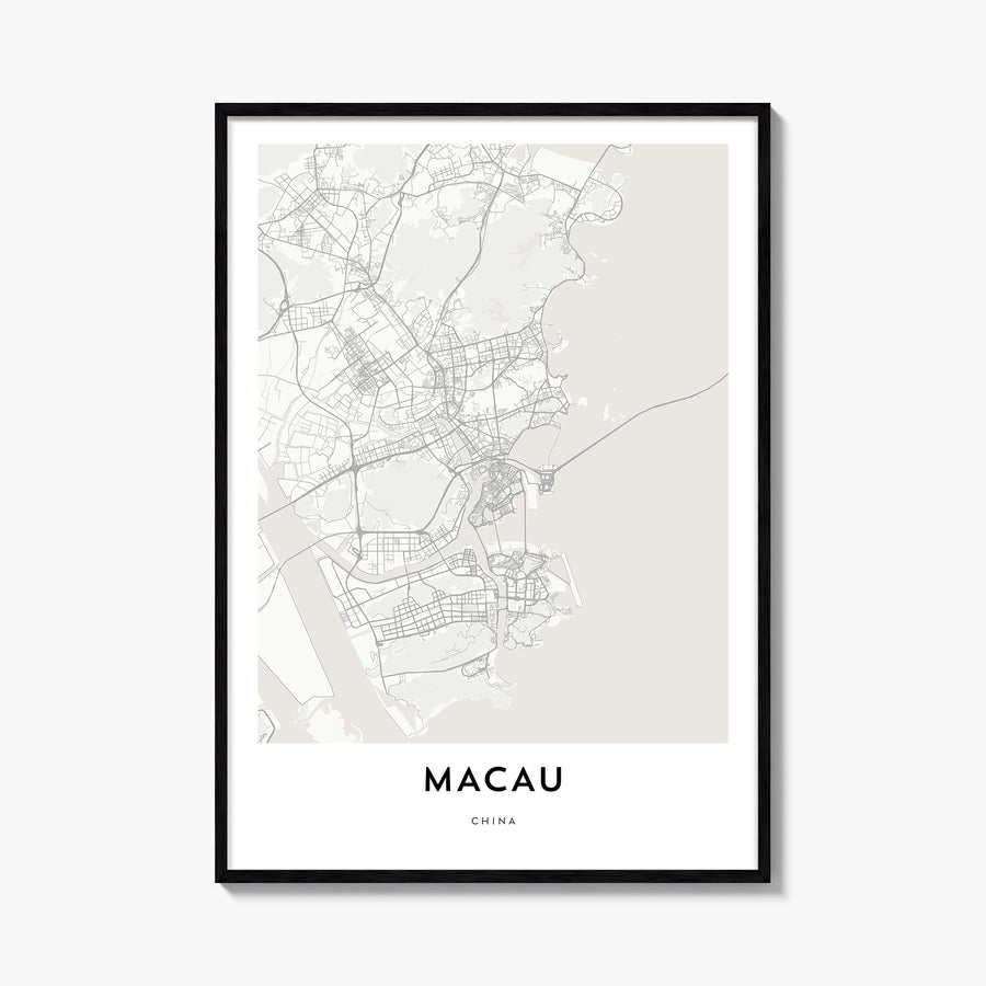 Macau black & white map poster of Asia – vertical wall art, unframed print shown in interior mockup