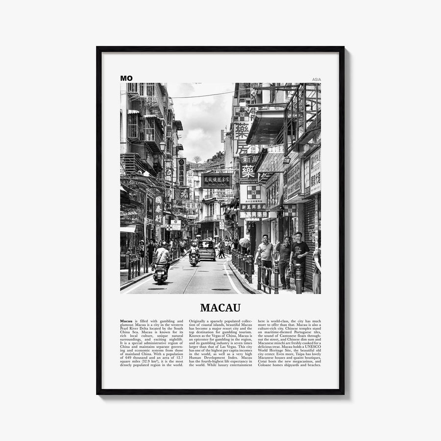Macau black & white newspaper poster of Asia – vertical wall art, unframed print shown in interior mockup