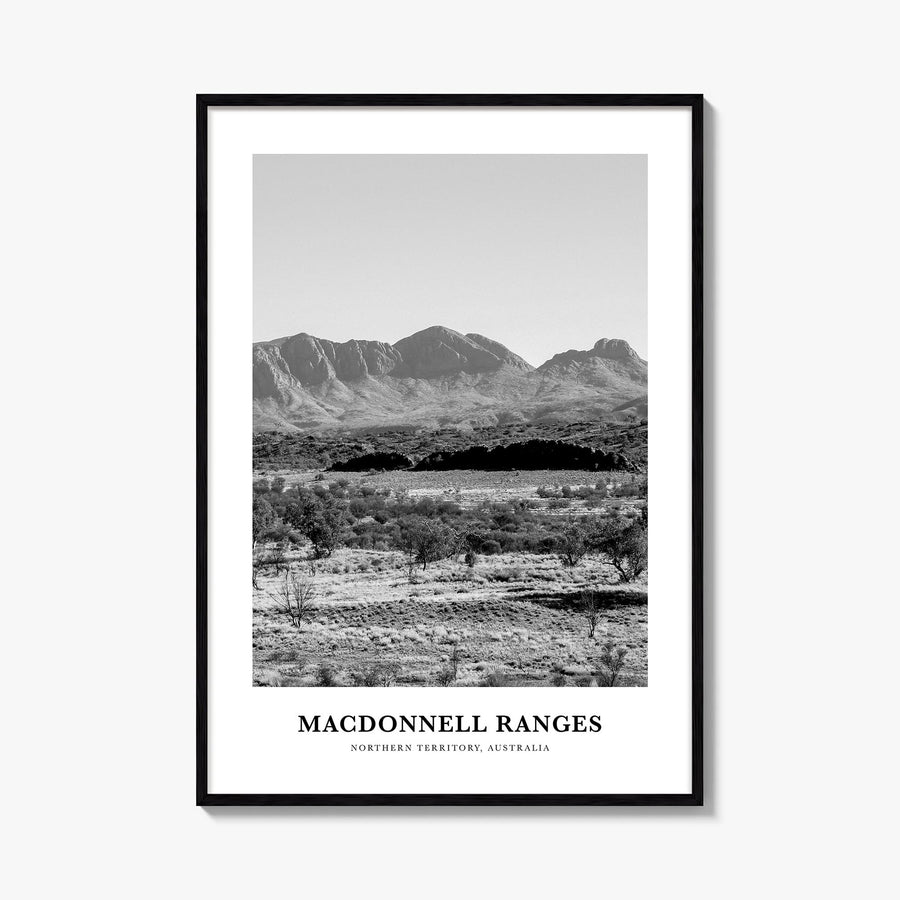 MacDonnell Ranges black & white classic poster of Australia – vertical wall art, unframed print shown in interior mockup