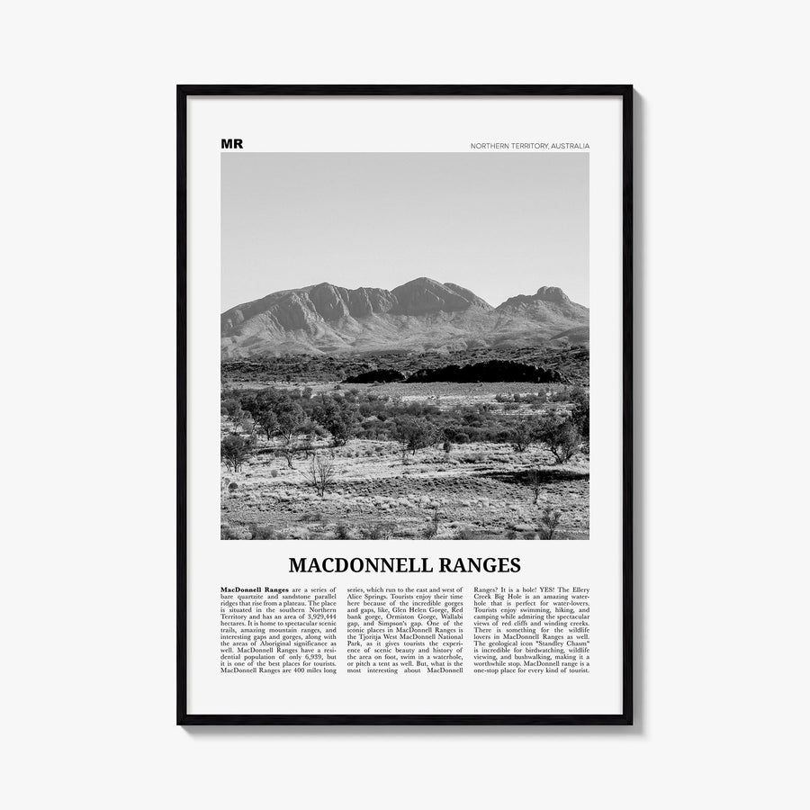 MacDonnell Ranges black & white newspaper poster of Australia – vertical wall art, unframed print shown in interior mockup
