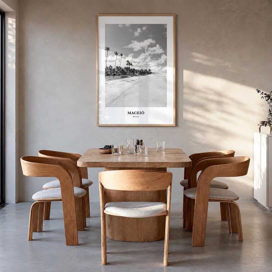 Maceió black & white classic poster of Brazil – vertical wall art in natural wood frame, hanging on wall