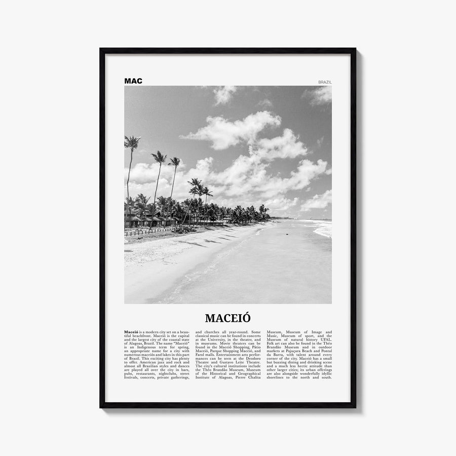 Maceió black & white newspaper poster of Brazil – vertical wall art, unframed print shown in interior mockup