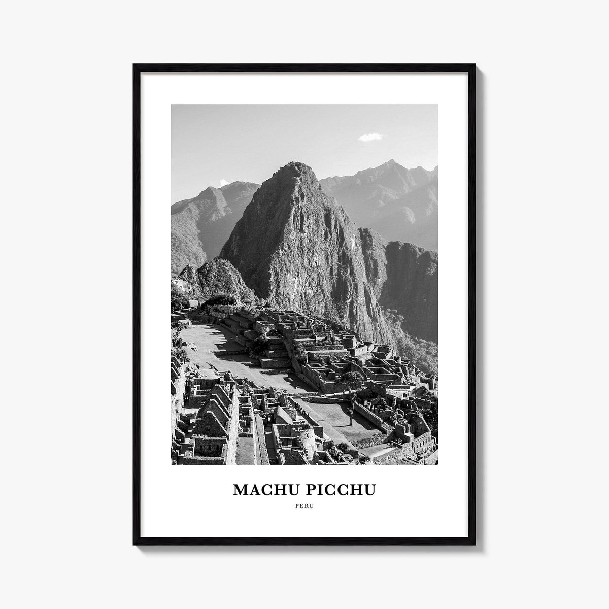 Machu Picchu black & white classic poster of Peru – vertical wall art, unframed print shown in interior mockup