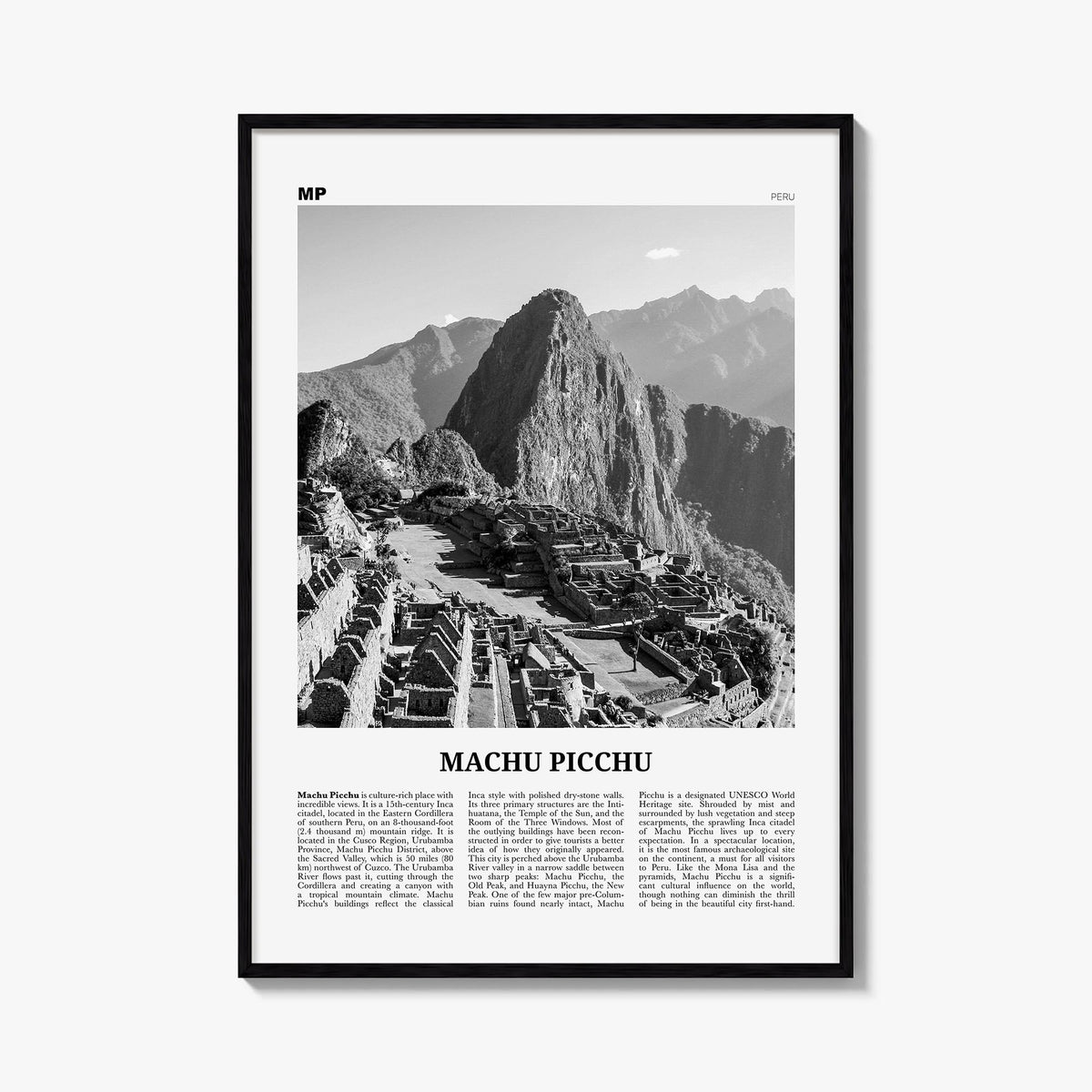 Machu Picchu black & white newspaper poster of Peru – vertical wall art, unframed print shown in interior mockup