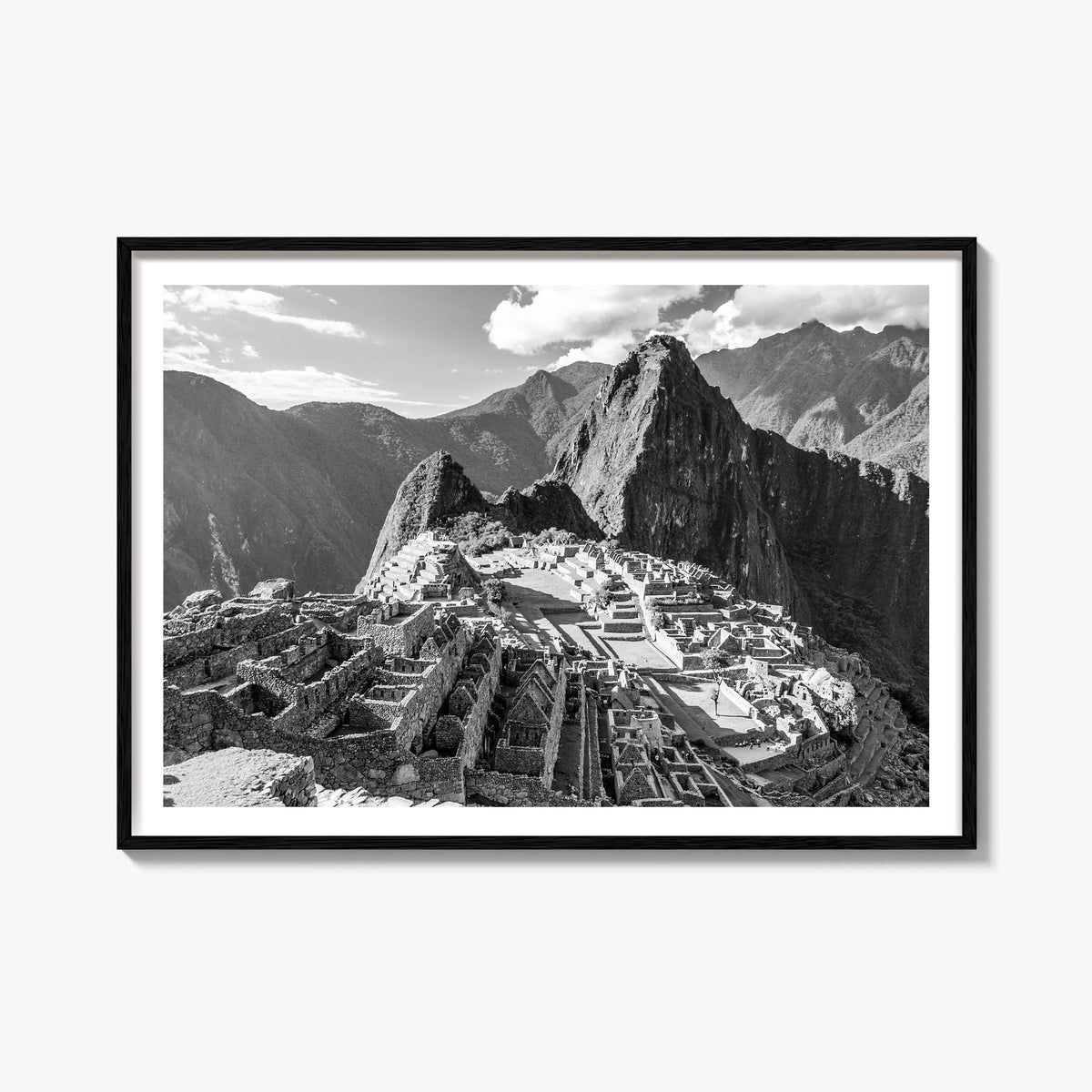 Machu Picchu black & white photo poster of Peru – horizontal wall art, unframed print shown in interior mockup