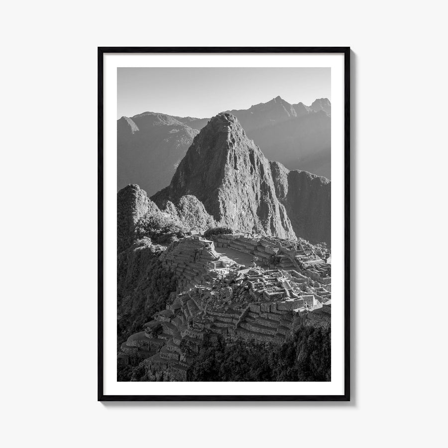 Machu Picchu black & white photo poster of Peru – vertical wall art, unframed print shown in interior mockup