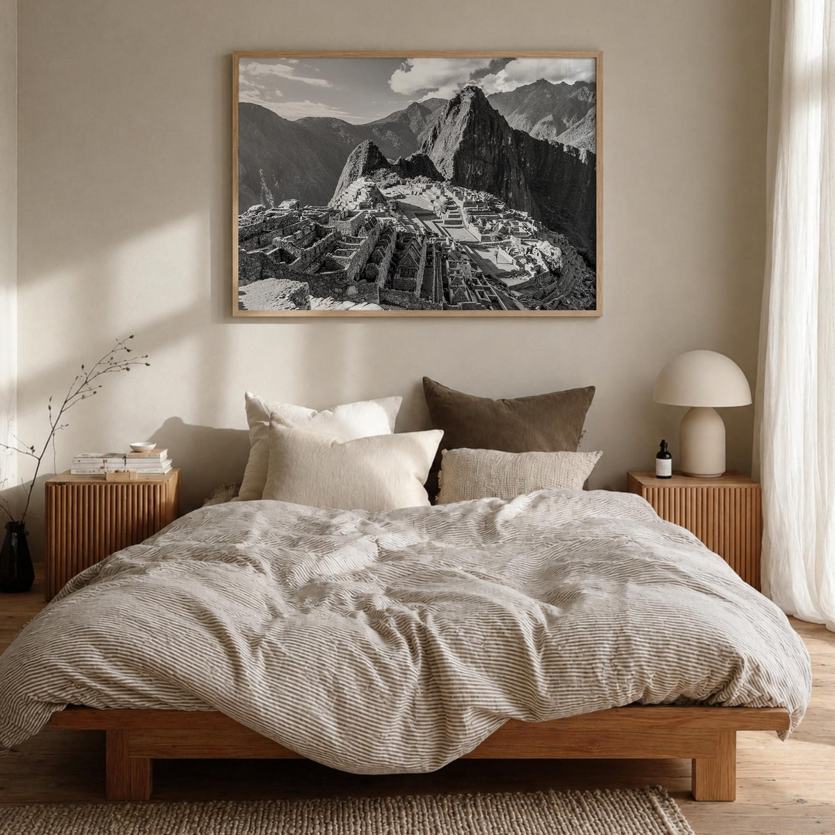 Machu Picchu black & white photo poster of Peru – horizontal wall art in natural wood frame, hanging on wall