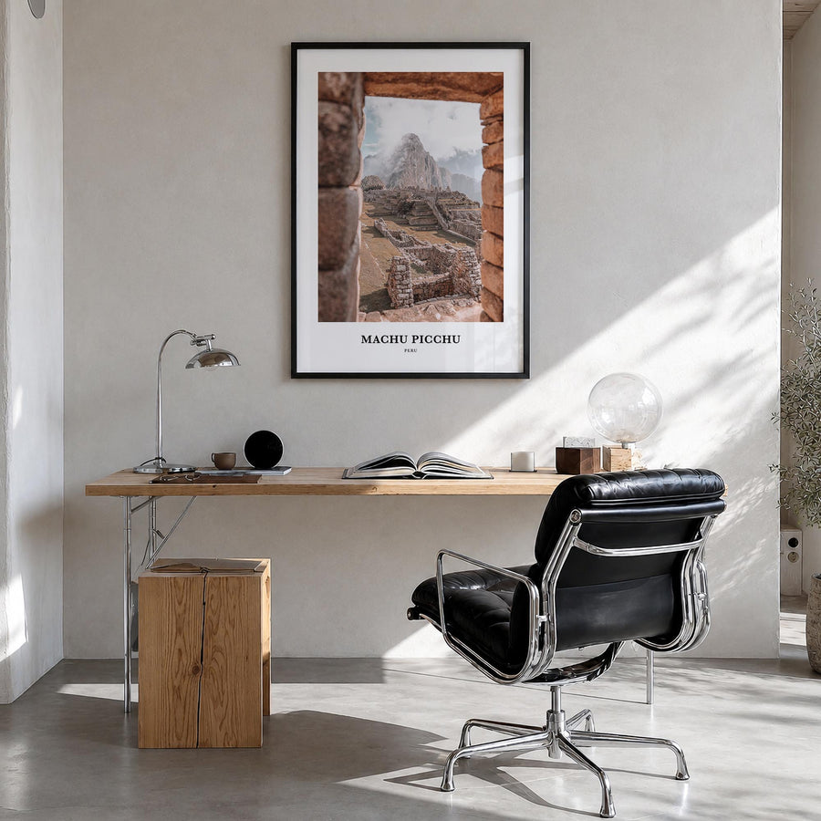 Machu Picchu colorful classic poster of Peru – vertical wall art in black wood frame, hanging on wall