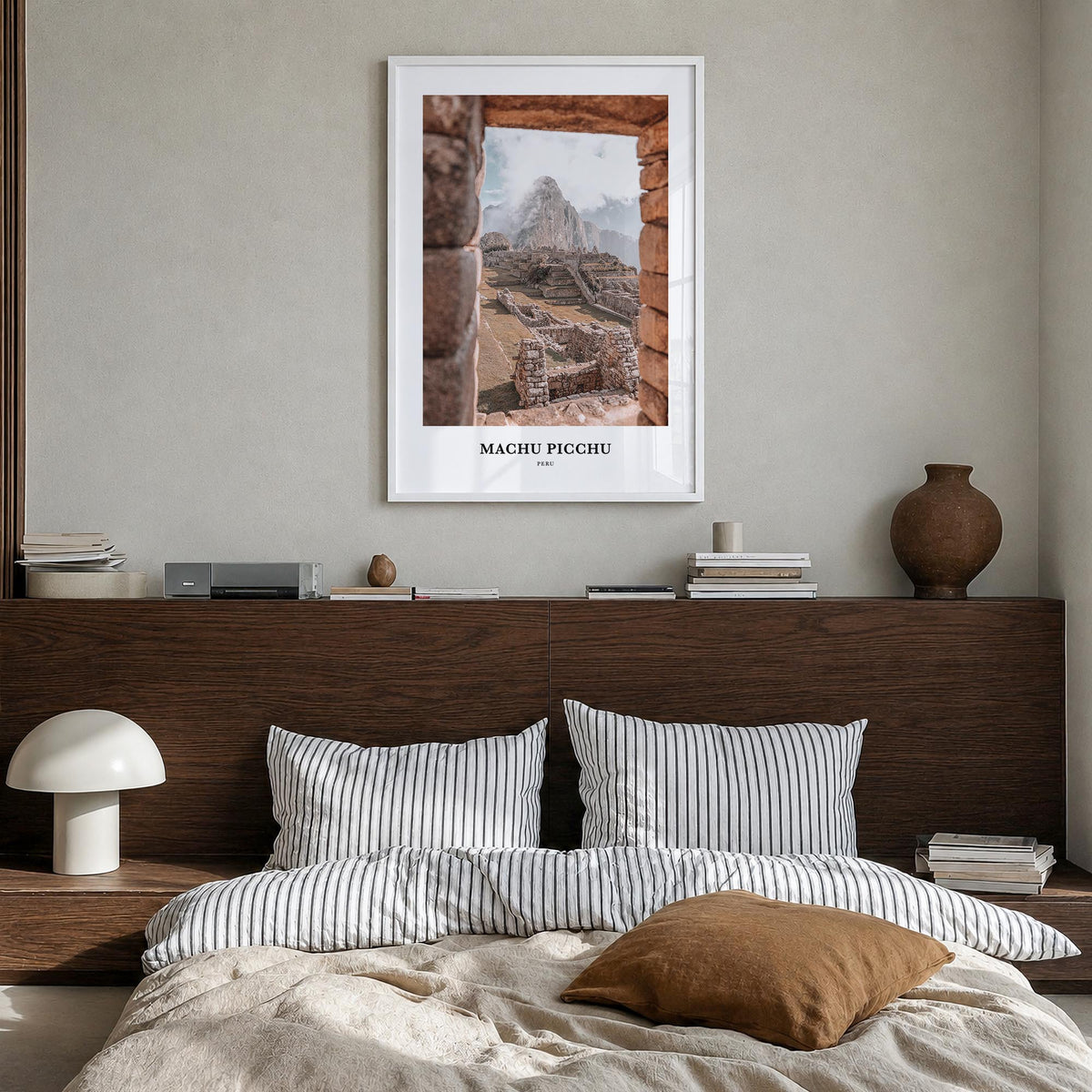 Machu Picchu colorful classic poster of Peru – vertical wall art in white wood frame, hanging on wall