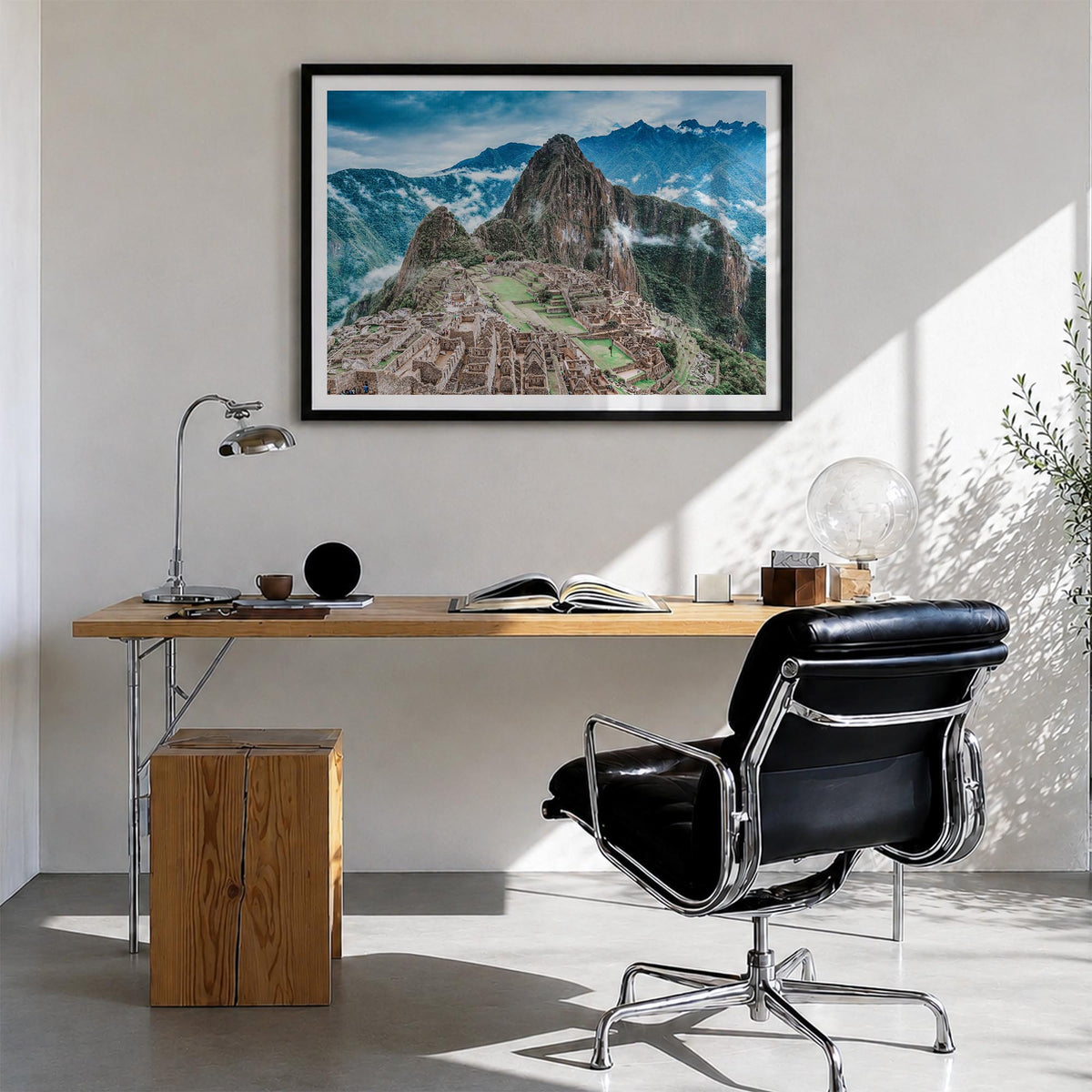 Machu Picchu colorful photo poster of Peru – horizontal wall art in black wood frame with white border, hanging on wall