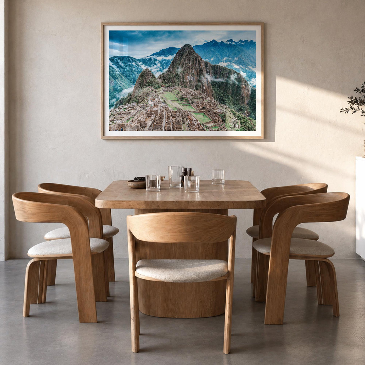 Machu Picchu colorful photo poster of Peru – horizontal wall art in natural wood frame with white border, hanging on wall